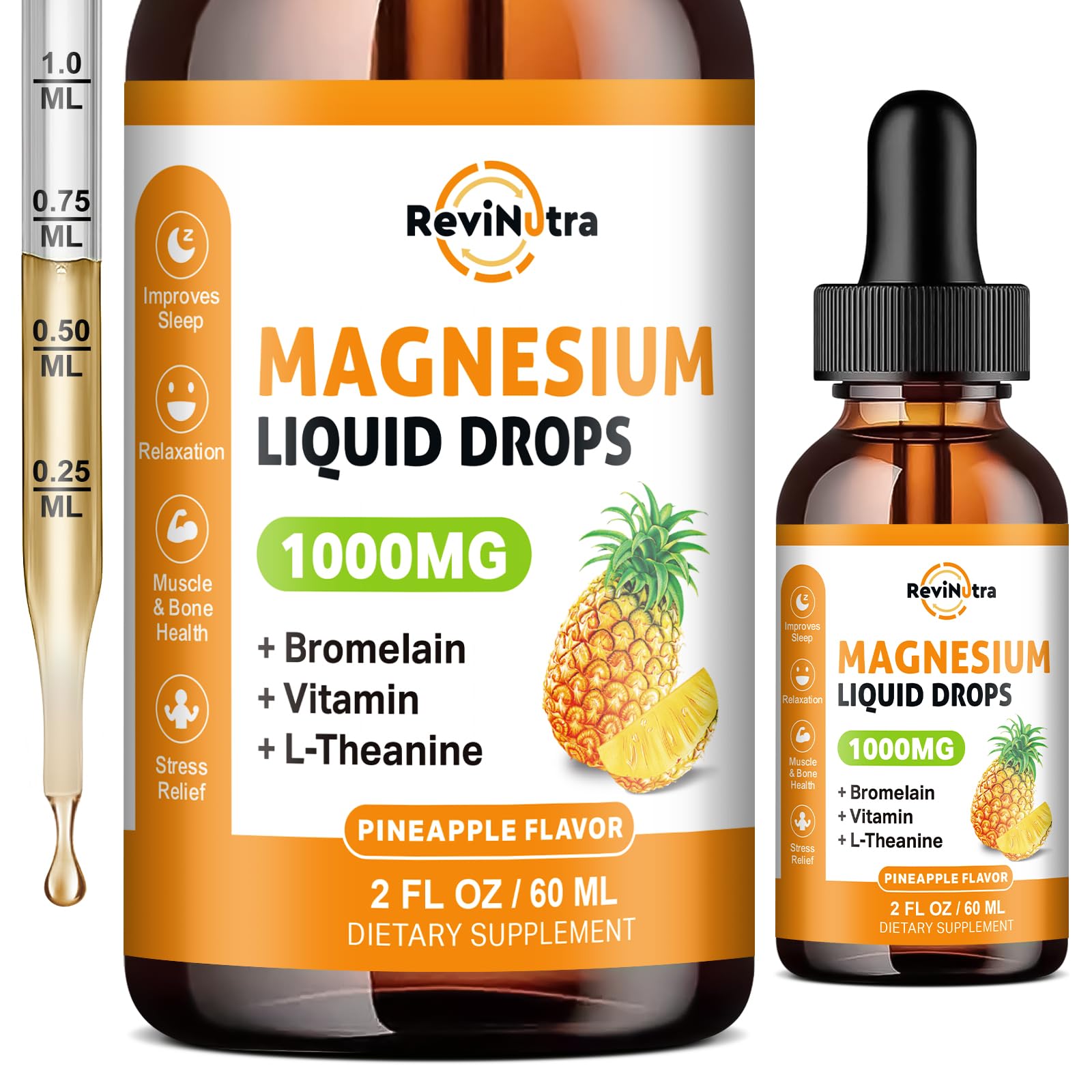 ReviNutra magnesium glycine liquid drops bottle for convenient daily magnesium support.