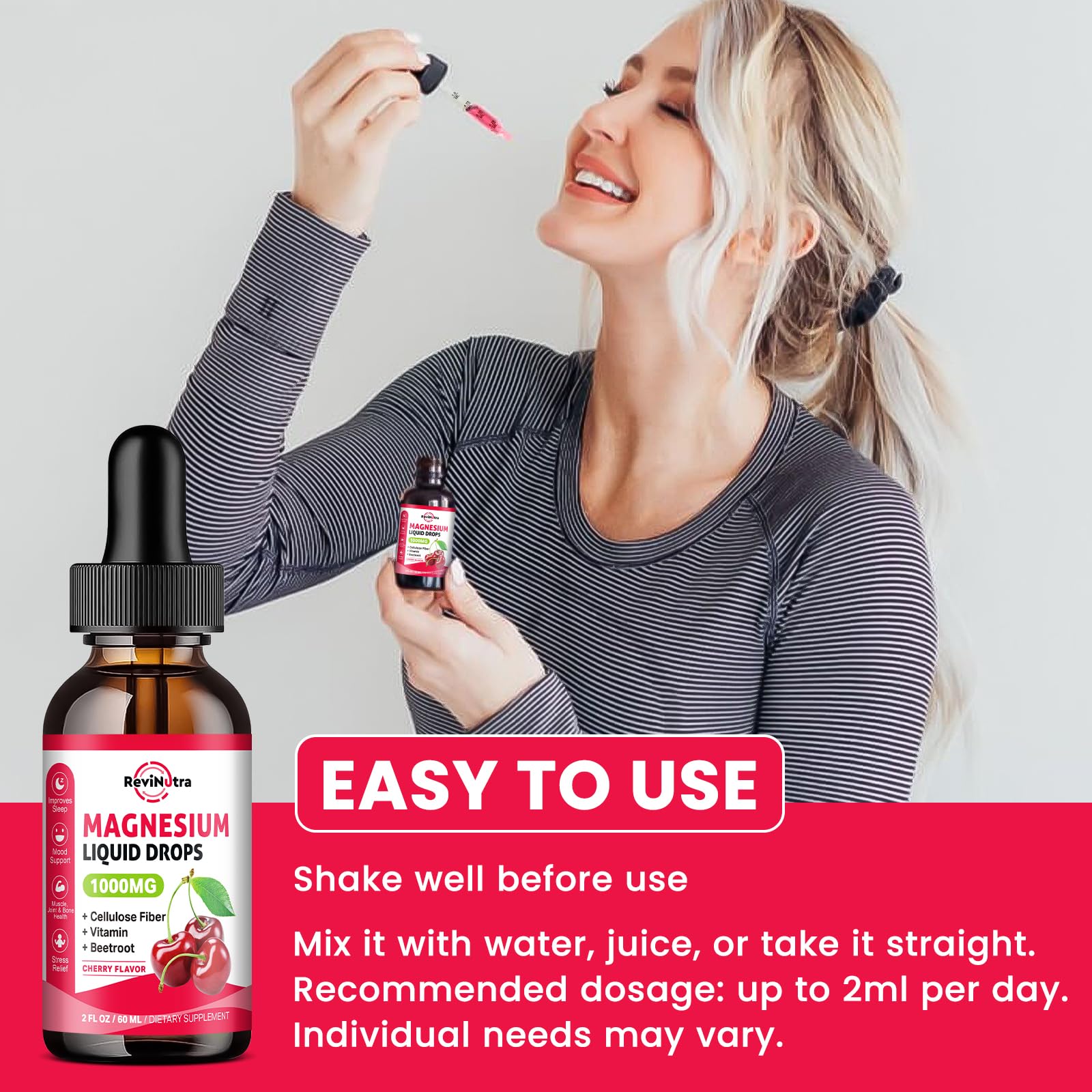ReviNutra Magnesium Liquid Drops fiber beetroot blend for digestive-friendly energy.