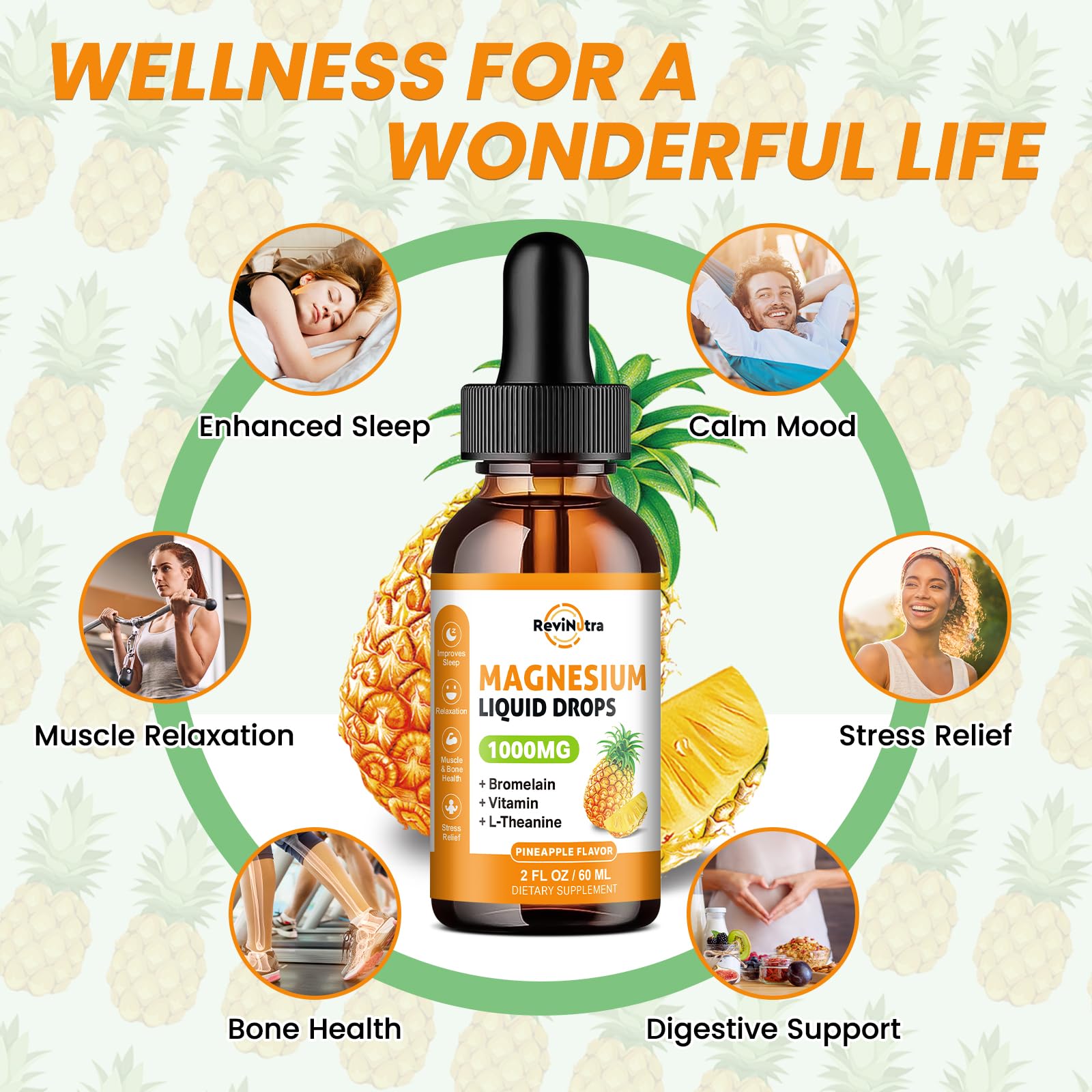 ReviNutra magnesium liquid drops pineapple flavor pour provides quick, tasty intake.