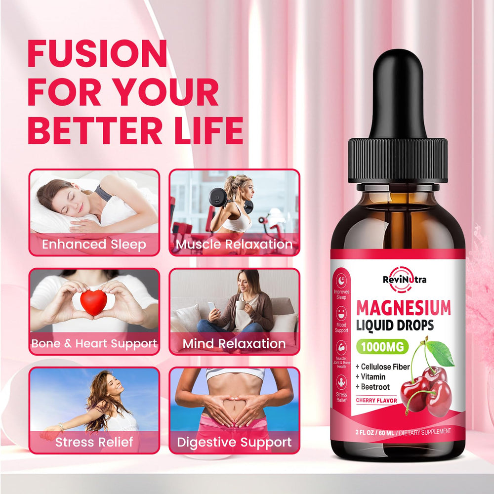 ReviNutra Magnesium Liquid Drops sugar-free cherry for tasty, sugar-free wellness on the go.