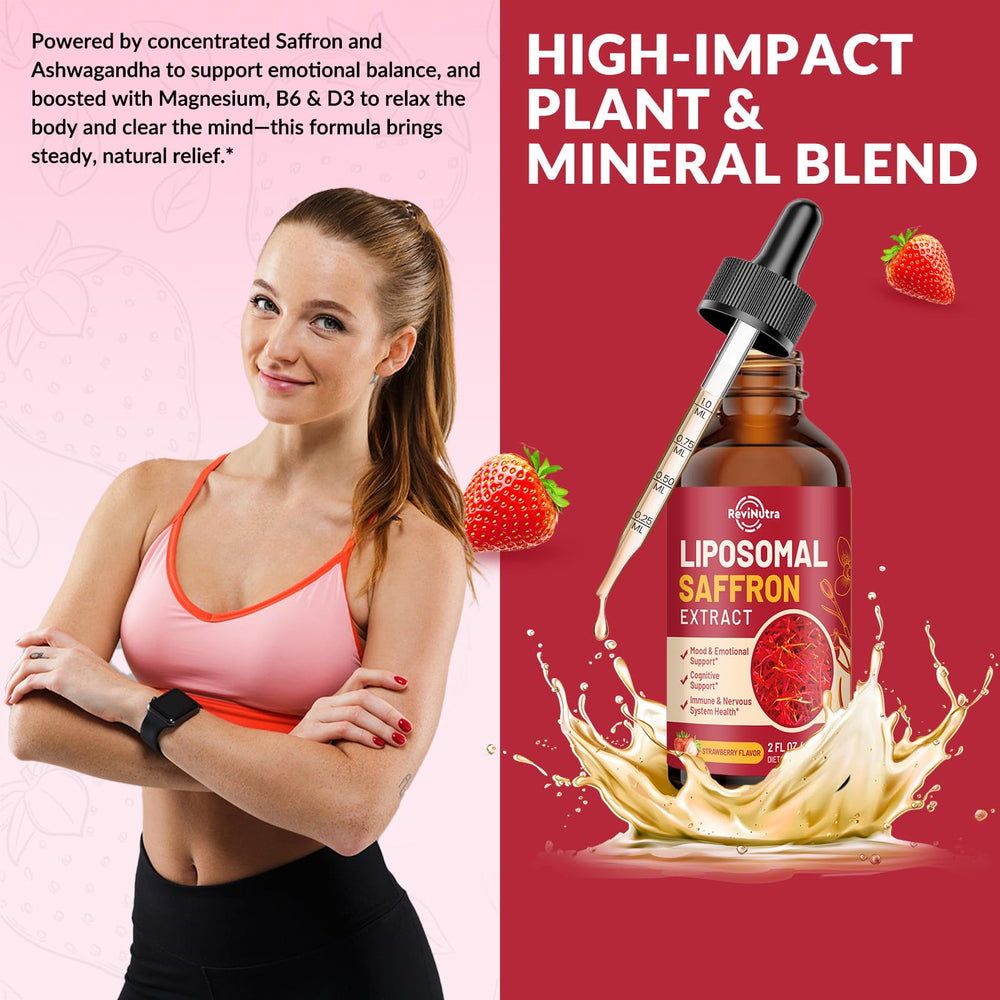ReviNutra saffron drops label highlighting vegan-friendly formula for daily use.