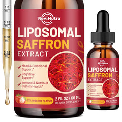 ReviNutra saffron liposomal drops bottle highlights daily mood support.