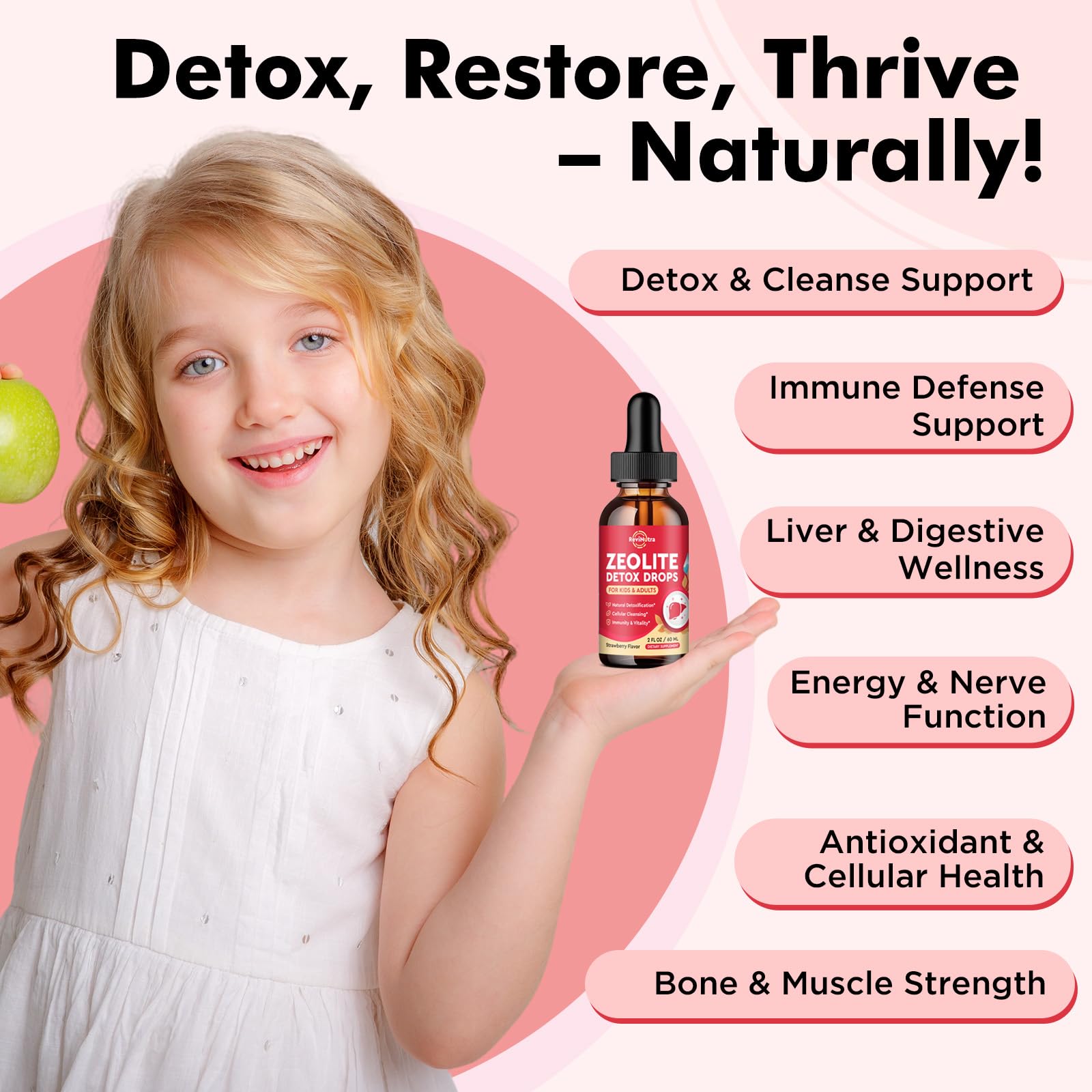 ReviNutra Zeolite Detox ingredients display with chlorella.