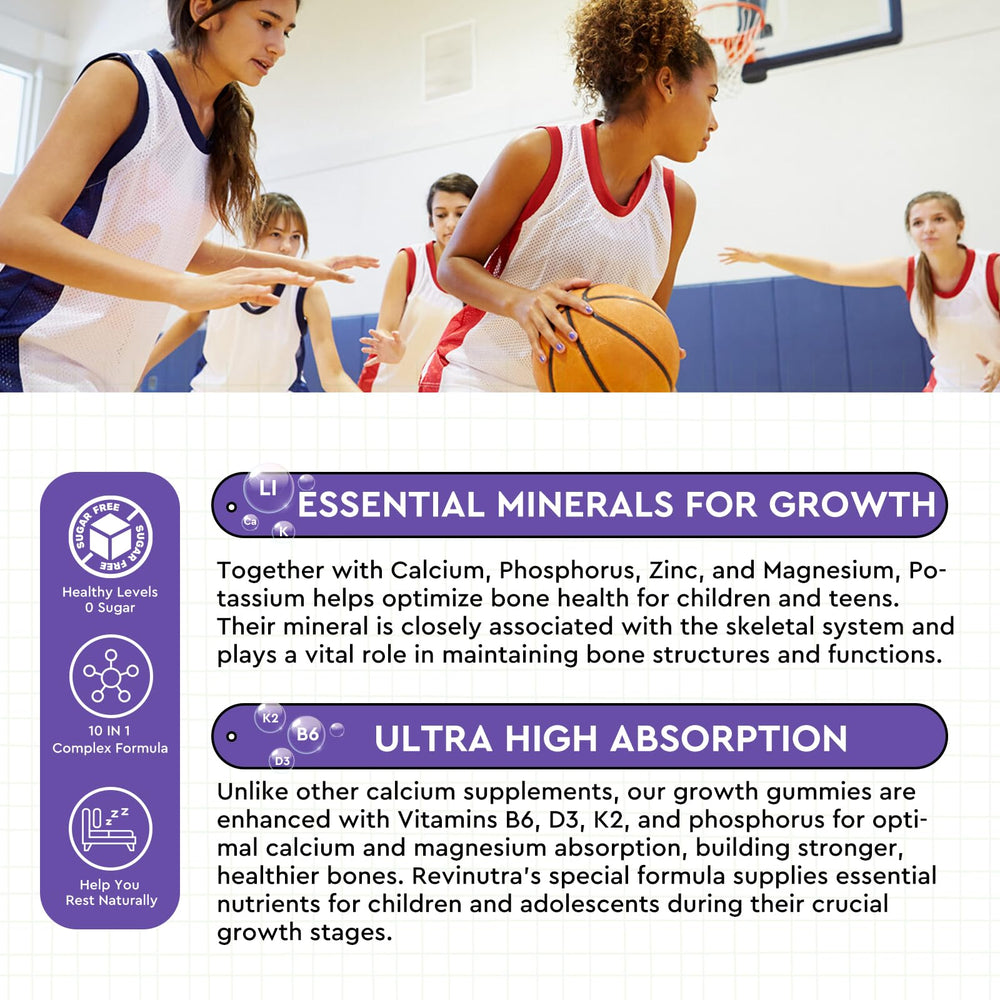 ReviNutra Calcium Potassium Magnesium Gummies bottle back shows ingredients and vitamins for informed choices