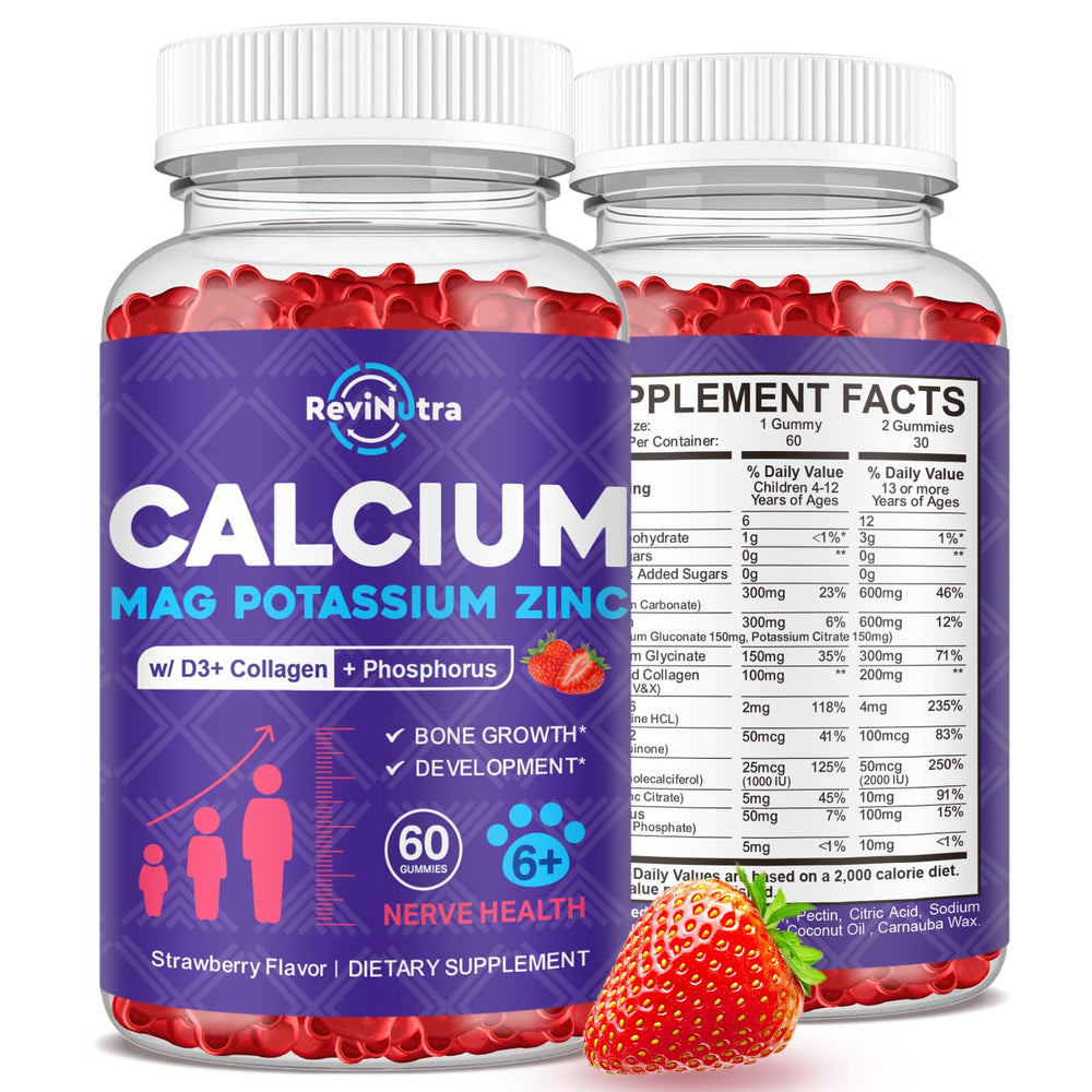 ReviNutra Calcium Potassium Magnesium Gummies bottle front view for daily bone support