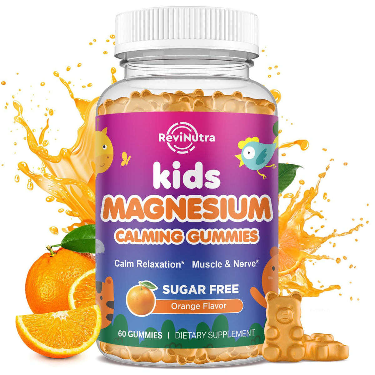 ReviNutra Calm Magnesium Gummies for Kids bottle signals kid-friendly sleep-support option.