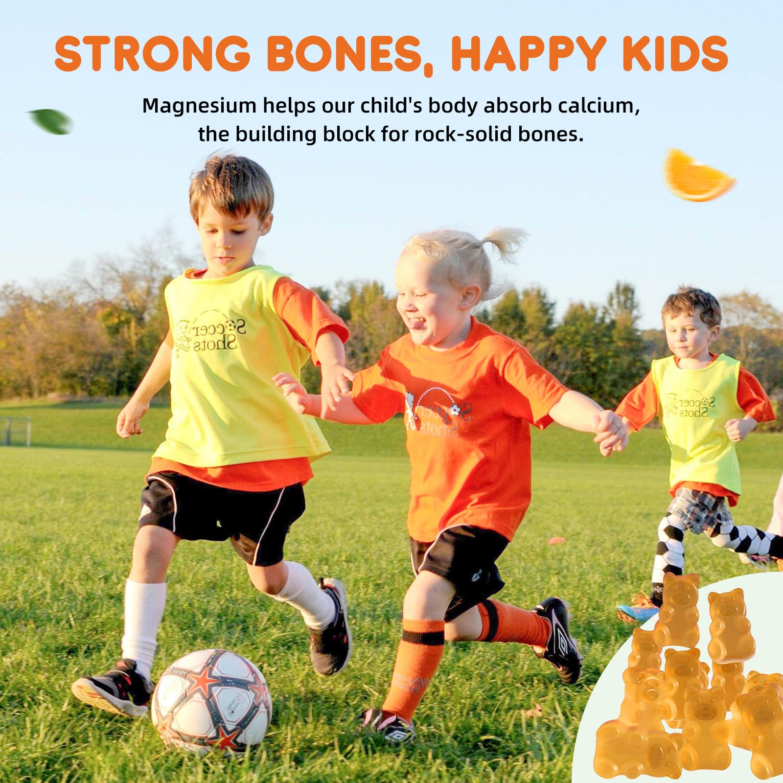 ReviNutra Calm Magnesium Gummies close-up of an orange gummy for kid-friendly relaxation.