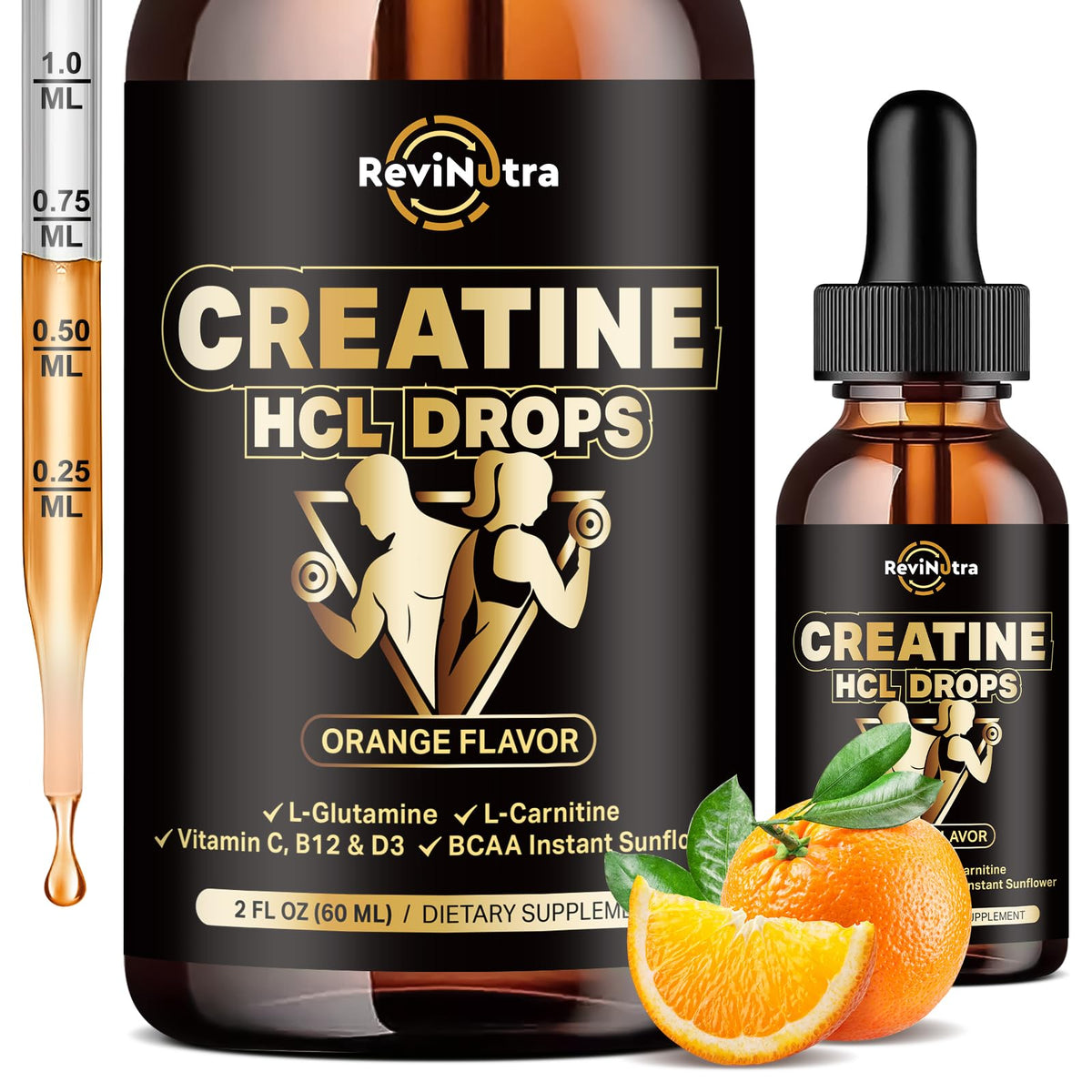 ReviNutra Creatine HCL liquid bottle with orange flavor for quick uptake.