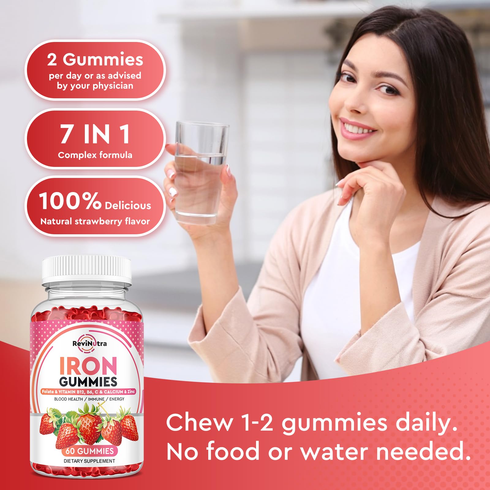ReviNutra Iron Gummies bottle stacked with other vitamins for daily routine