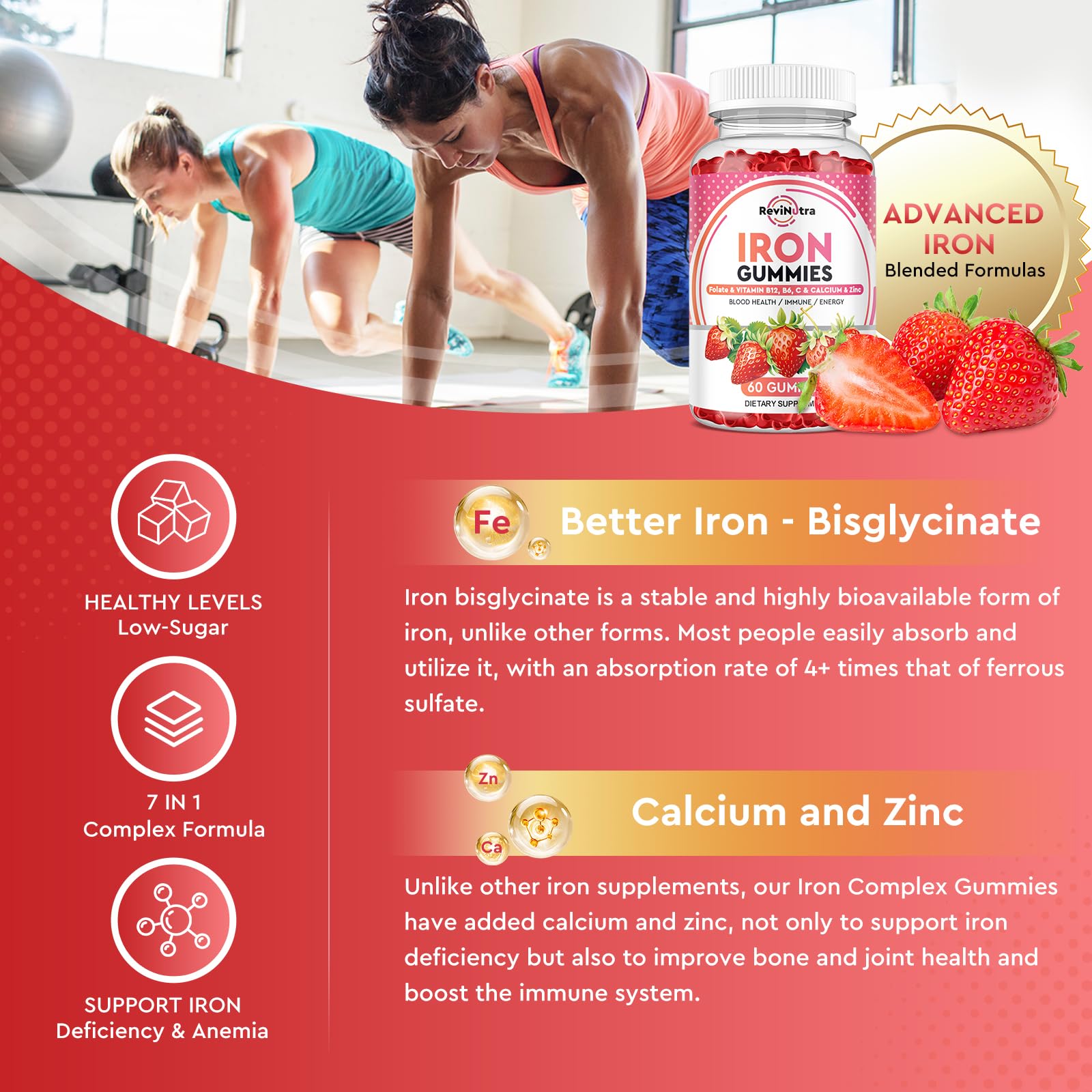ReviNutra Iron Gummies strawberry bottle with family-friendly chewable vitamins