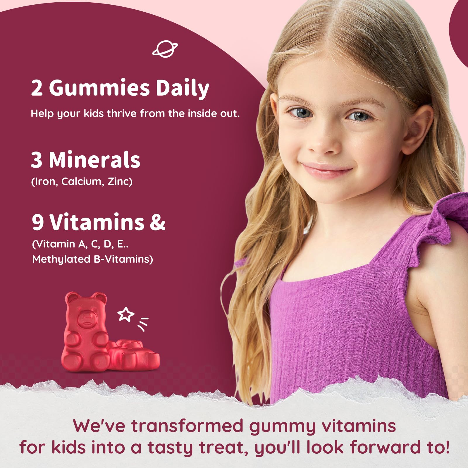 ReviNutra Iron Kids Gummies close-up highlighting strawberry flavor for picky eaters