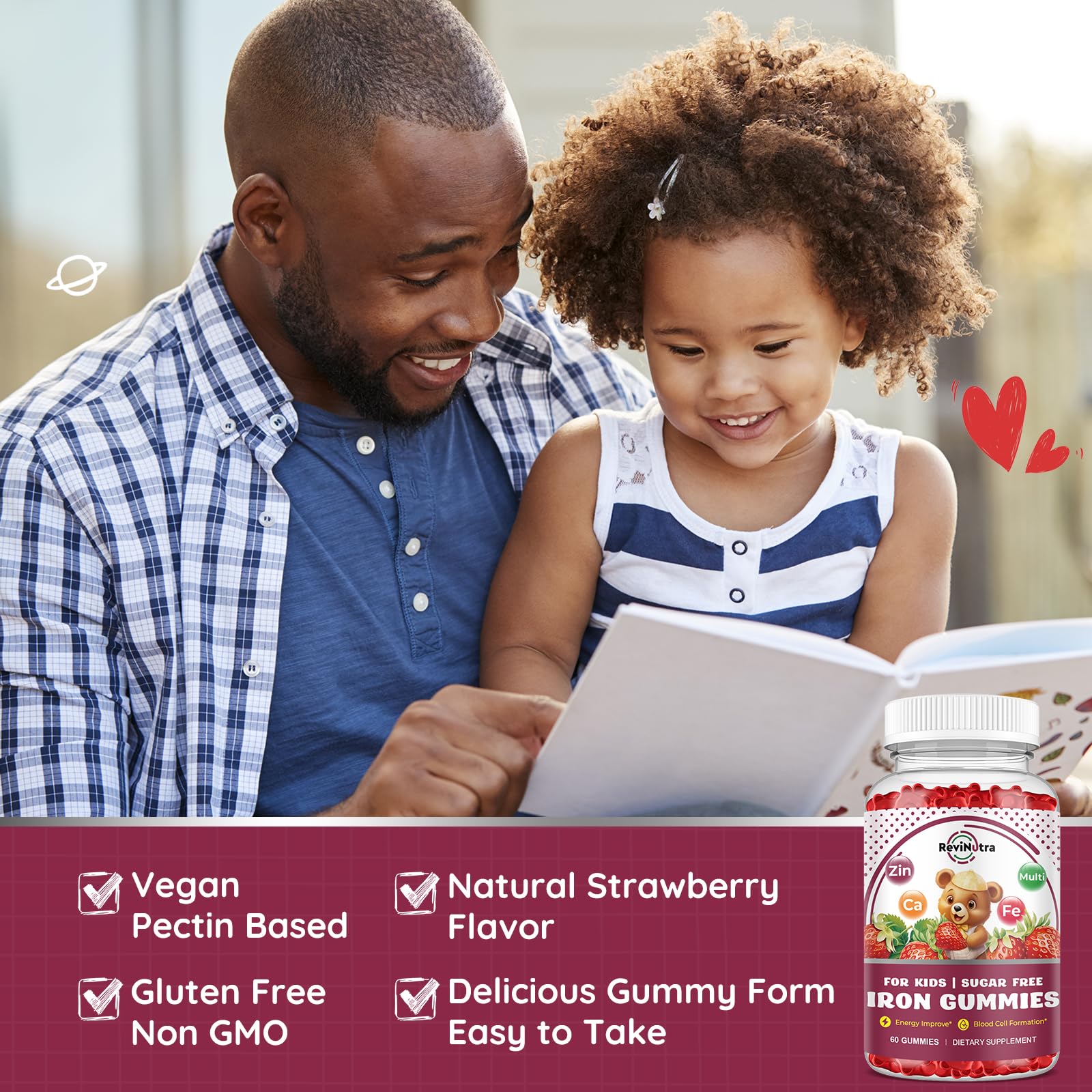 ReviNutra Iron Kids ingredients panel showing 12 essential nutrients