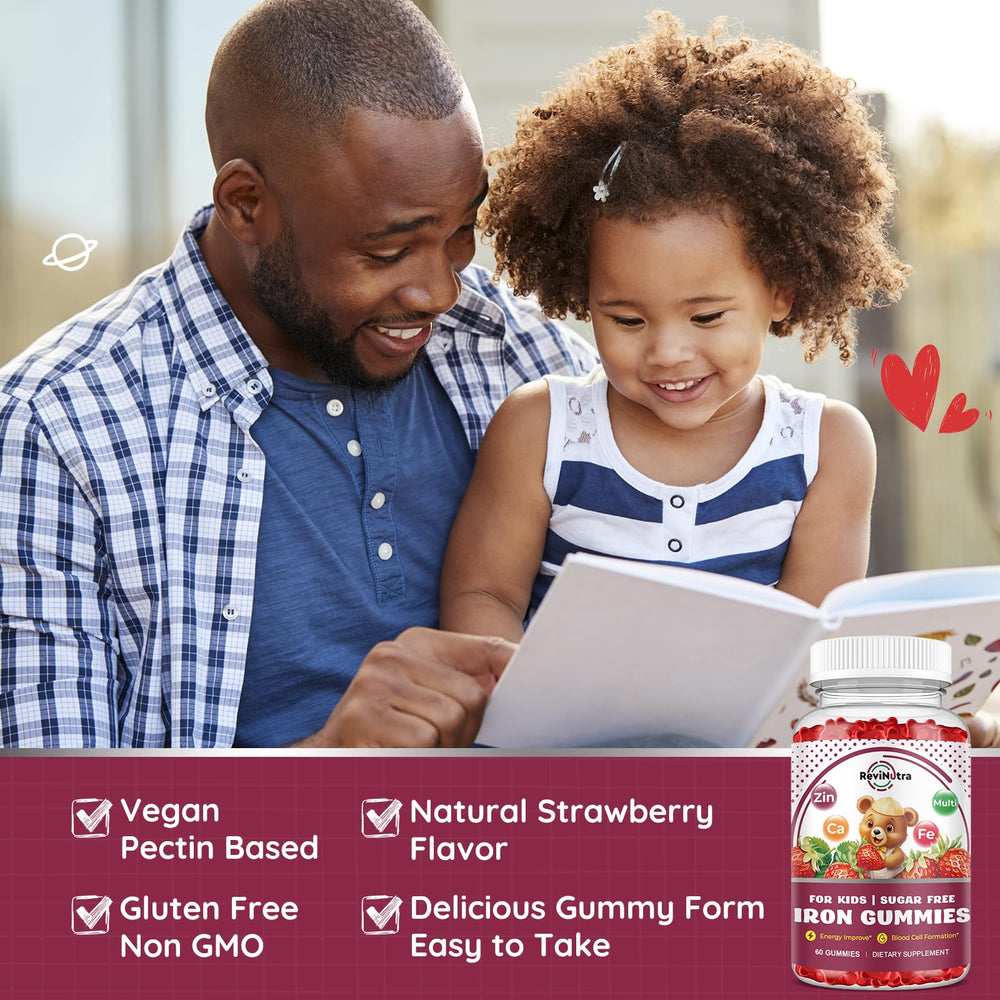 ReviNutra Iron Kids ingredients panel showing 12 essential nutrients