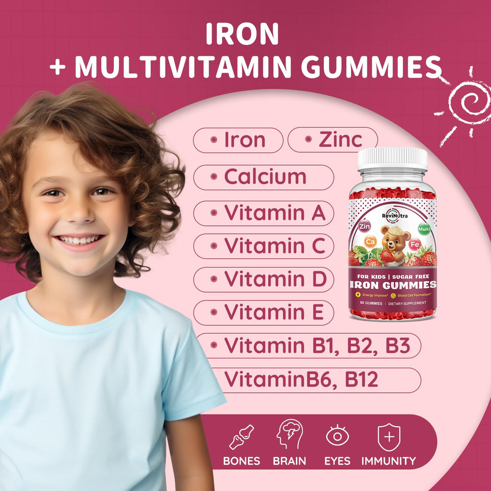 ReviNutra Iron Kids Gummies strawberry flavor on label for daily nutrition