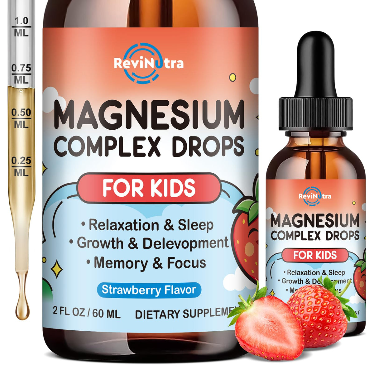 ReviNutra Kids Magnesium Drops in strawberry bottle for easy daily dosing.