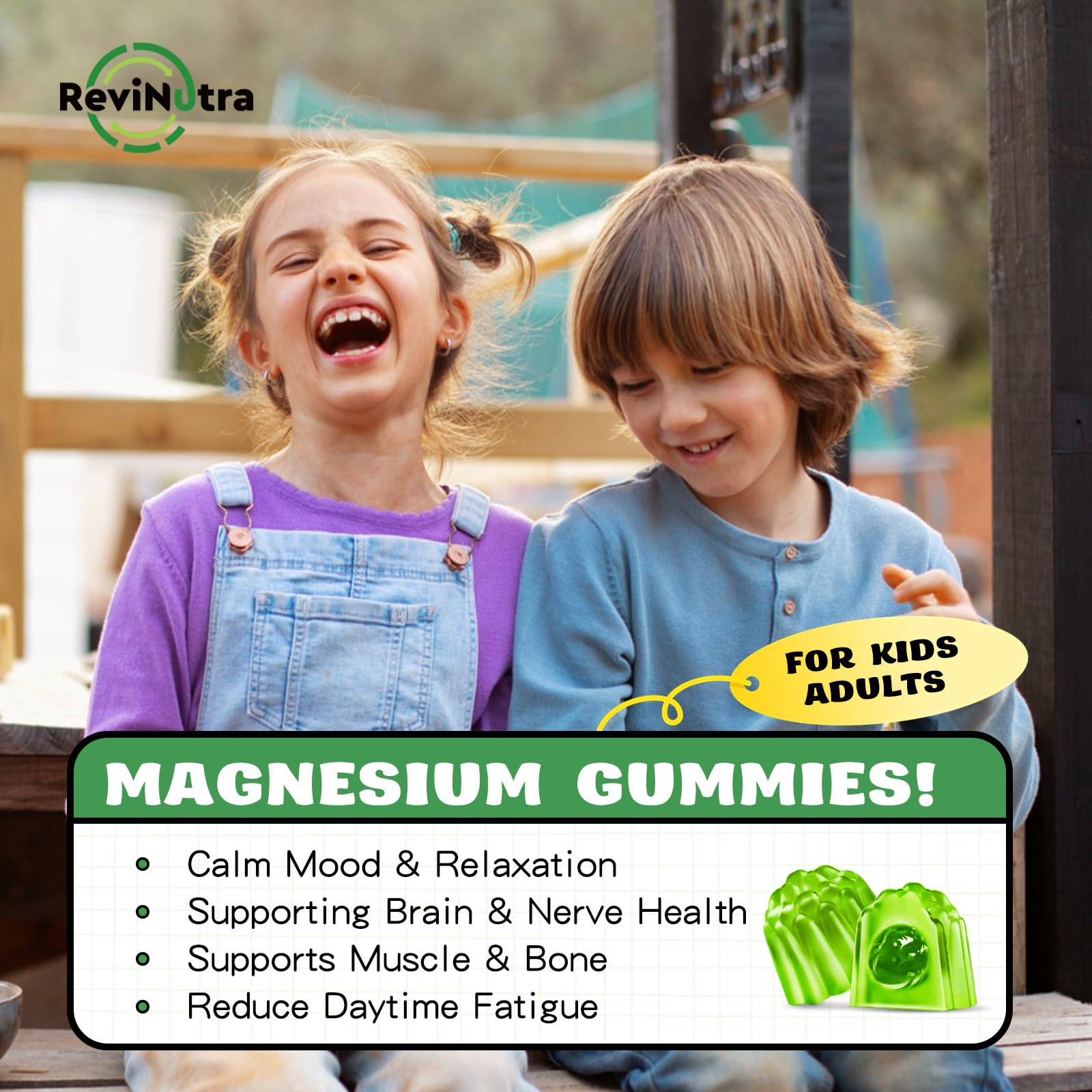 Green apple and kiwi flavored ReviNutra gummies for kids