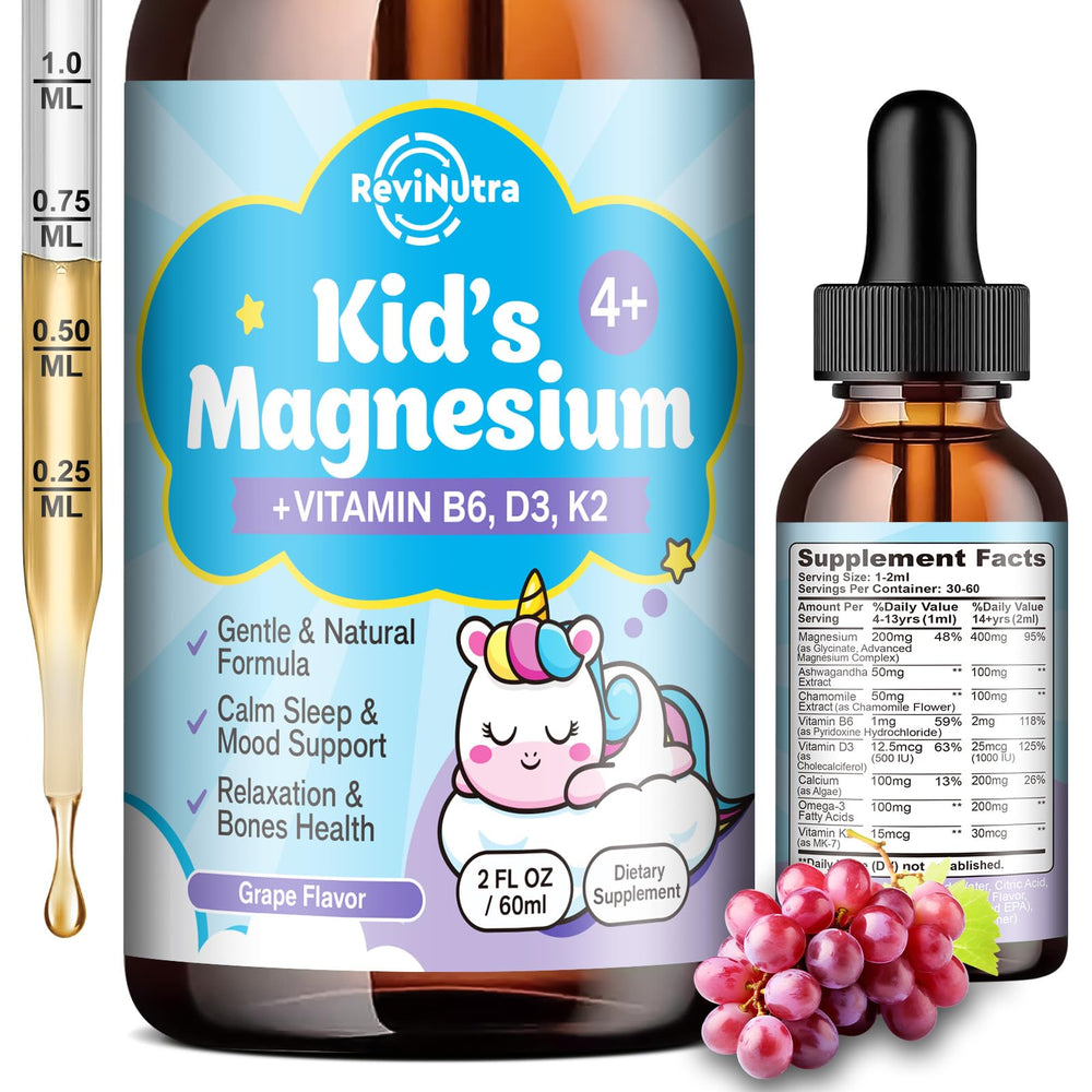 ReviNutra Kids magnesium glycinate drops bottle pour supports a calm evening routine