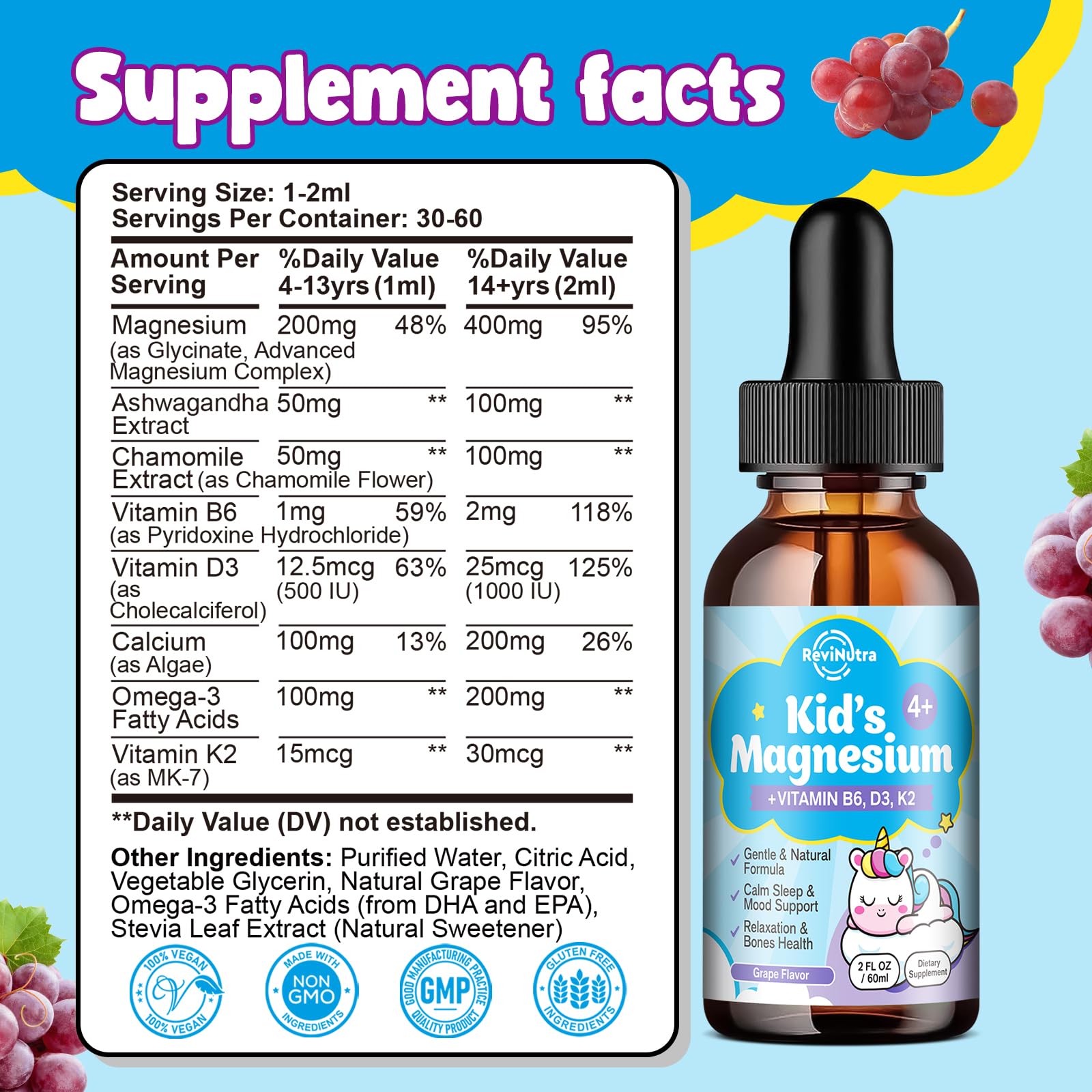 ReviNutra Kids label closeup highlights essential nutrients for growth and focus