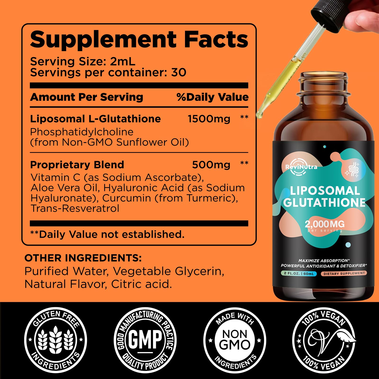 ReviNutra drops for liposomal glutathione demonstrate quick absorption and versatile use.