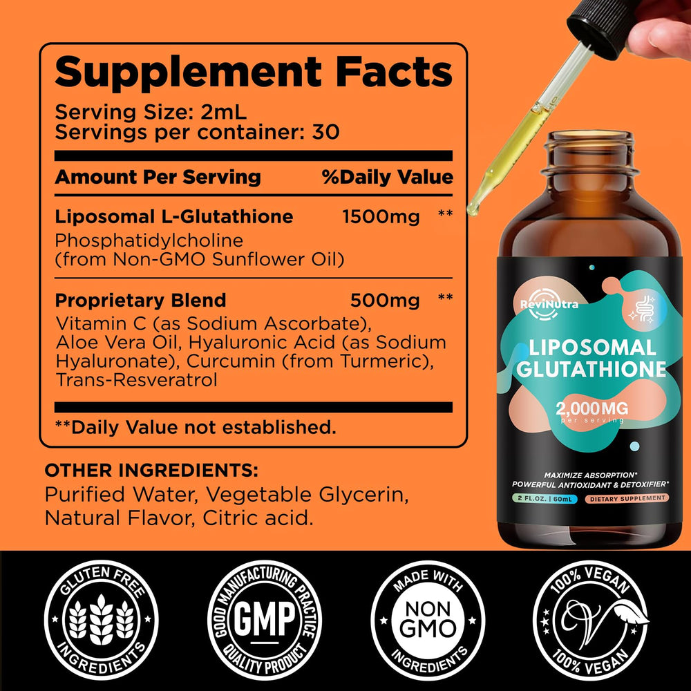 ReviNutra drops for liposomal glutathione demonstrate quick absorption and versatile use.