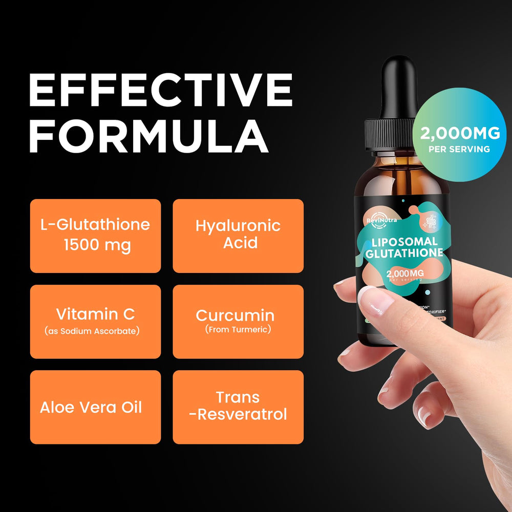 ReviNutra liposomal glutathione ingredients highlight Vitamin C and Curcumin for antioxidant support.