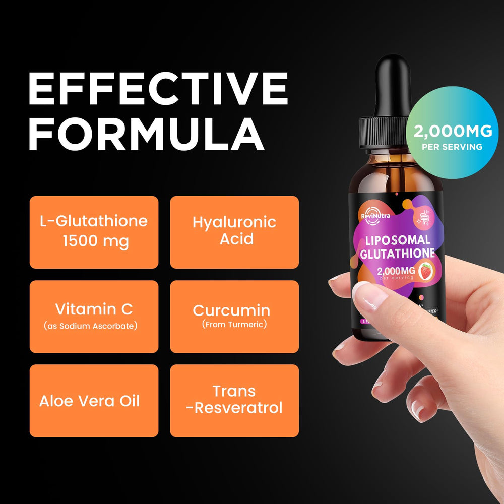 Pouring shot of ReviNutra drops highlights fast absorption and simplicity.