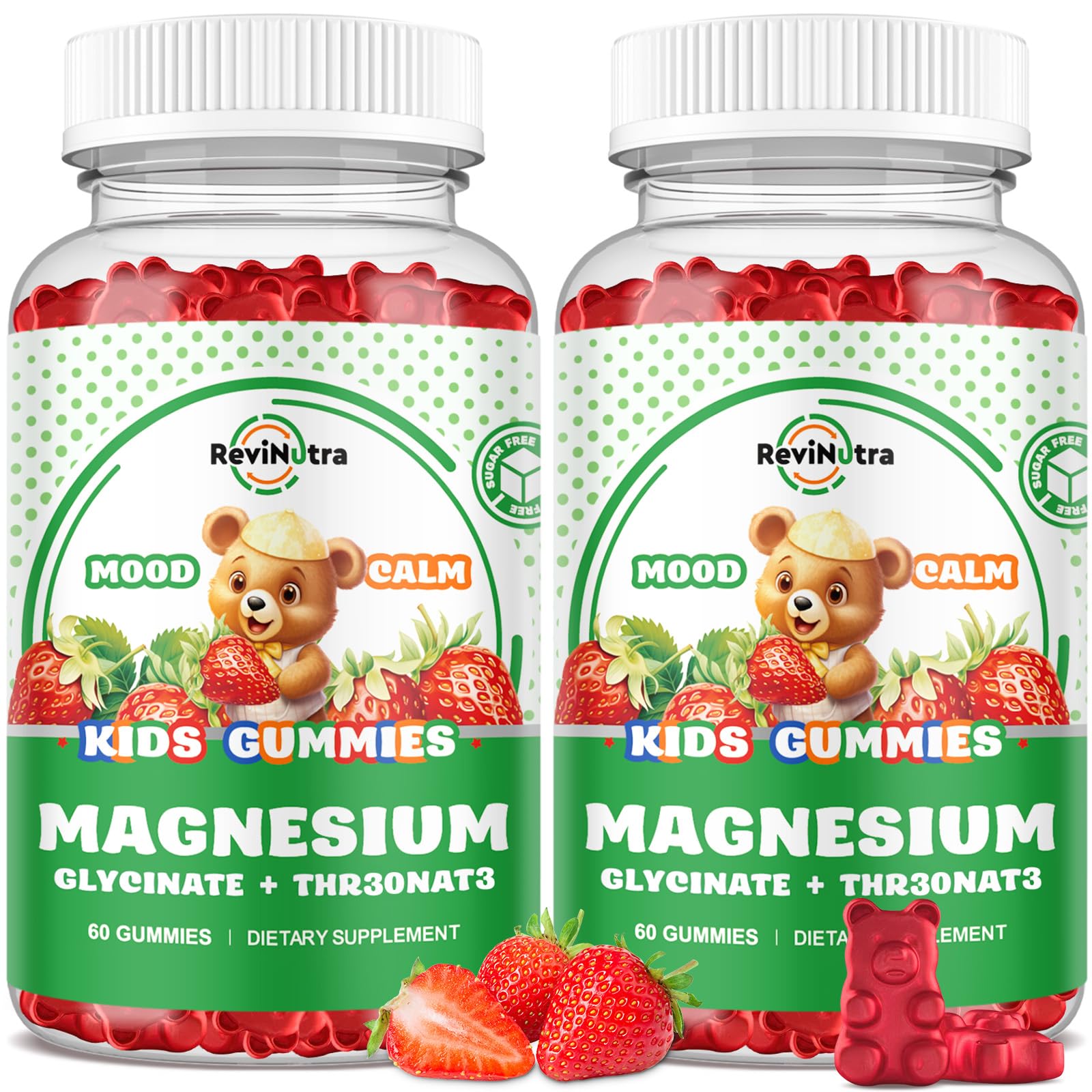 ReviNutra Magnesium Complex Gummies jar closeup, strawberry flavor for daily calm and focus.
