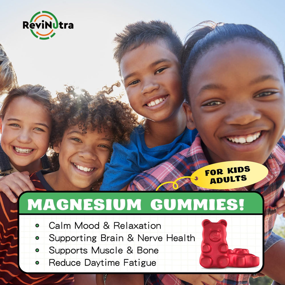 ReviNutra magnesium gummies strawberry flavor close-up with colorful pieces for family wellness.