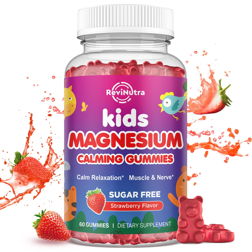 ReviNutra magnesium gummies for kids bottle close-up supporting daily calm and muscle health