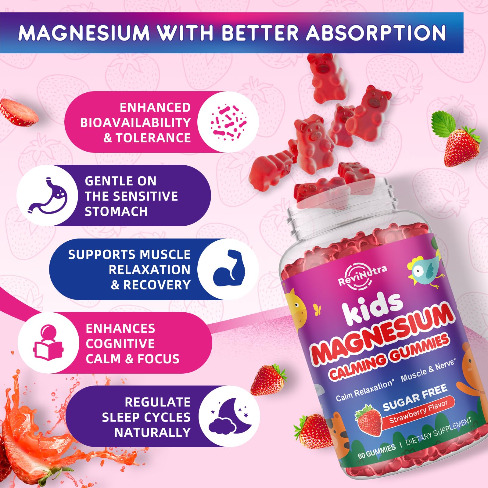 ReviNutra magnesium gummies kids chewable texture close-up emphasizing easy chewing and kid-friendly taste