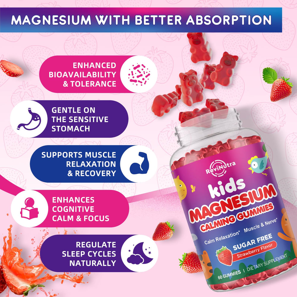 ReviNutra magnesium gummies kids chewable texture close-up emphasizing easy chewing and kid-friendly taste