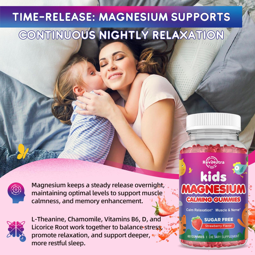ReviNutra magnesium gummies kids dispensing pour demonstrates convenient daily use