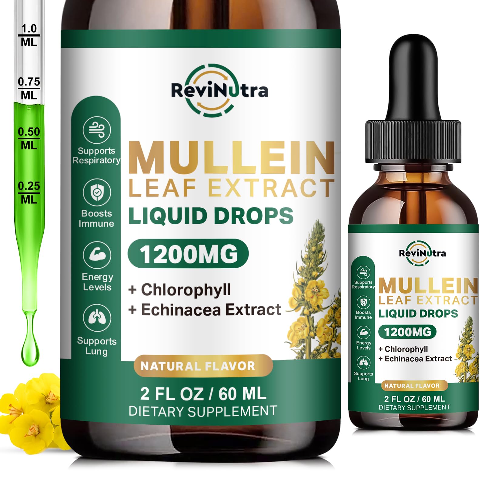ReviNutra Mullein Drops bottle signals respiratory support and detox potential.