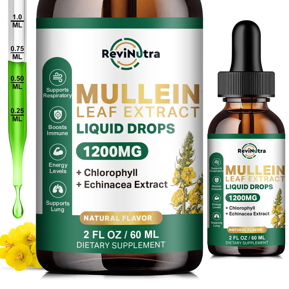 ReviNutra Mullein Drops bottle signals respiratory support and detox potential.