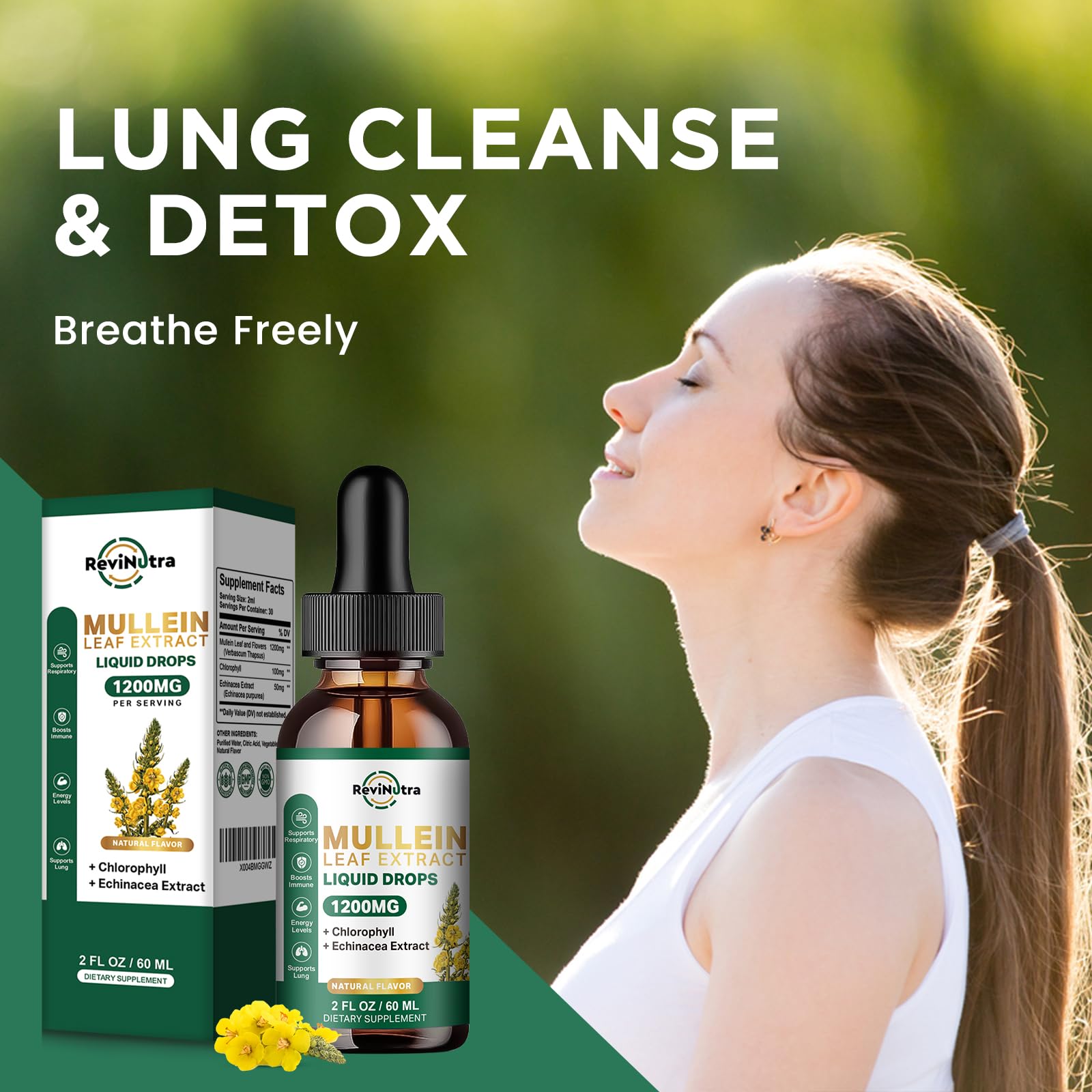 ReviNutra Mullein Drops ingredients panel includes mullein, echinacea, and chlorophyll.