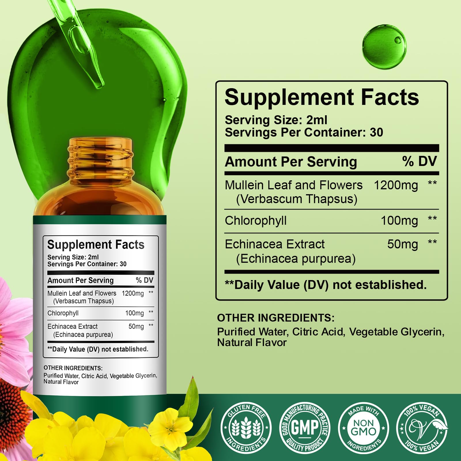 ReviNutra Mullein Drops label highlights mullein and echinacea ingredients.