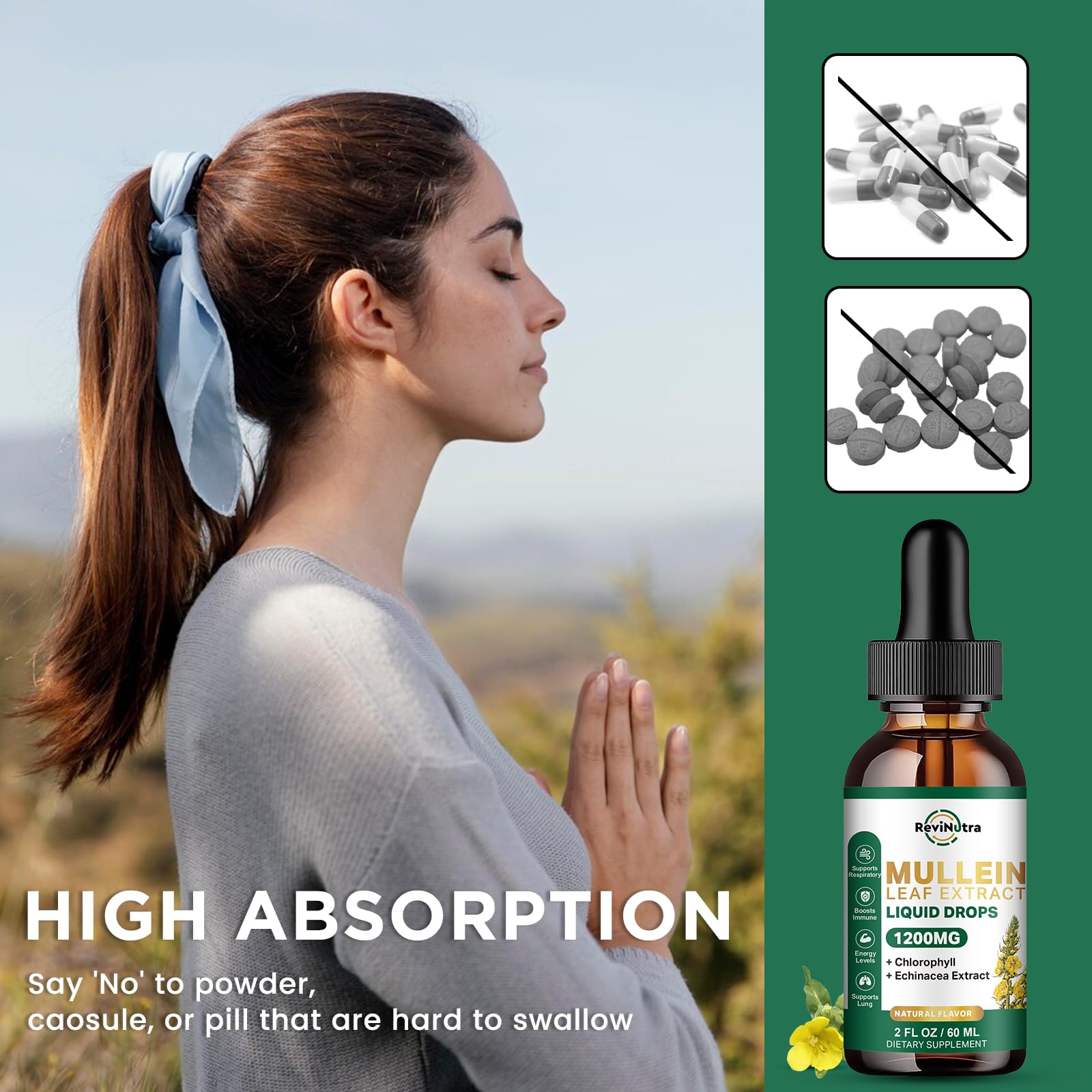 ReviNutra Mullein Drops smooth liquid texture suitable for mixing with water.