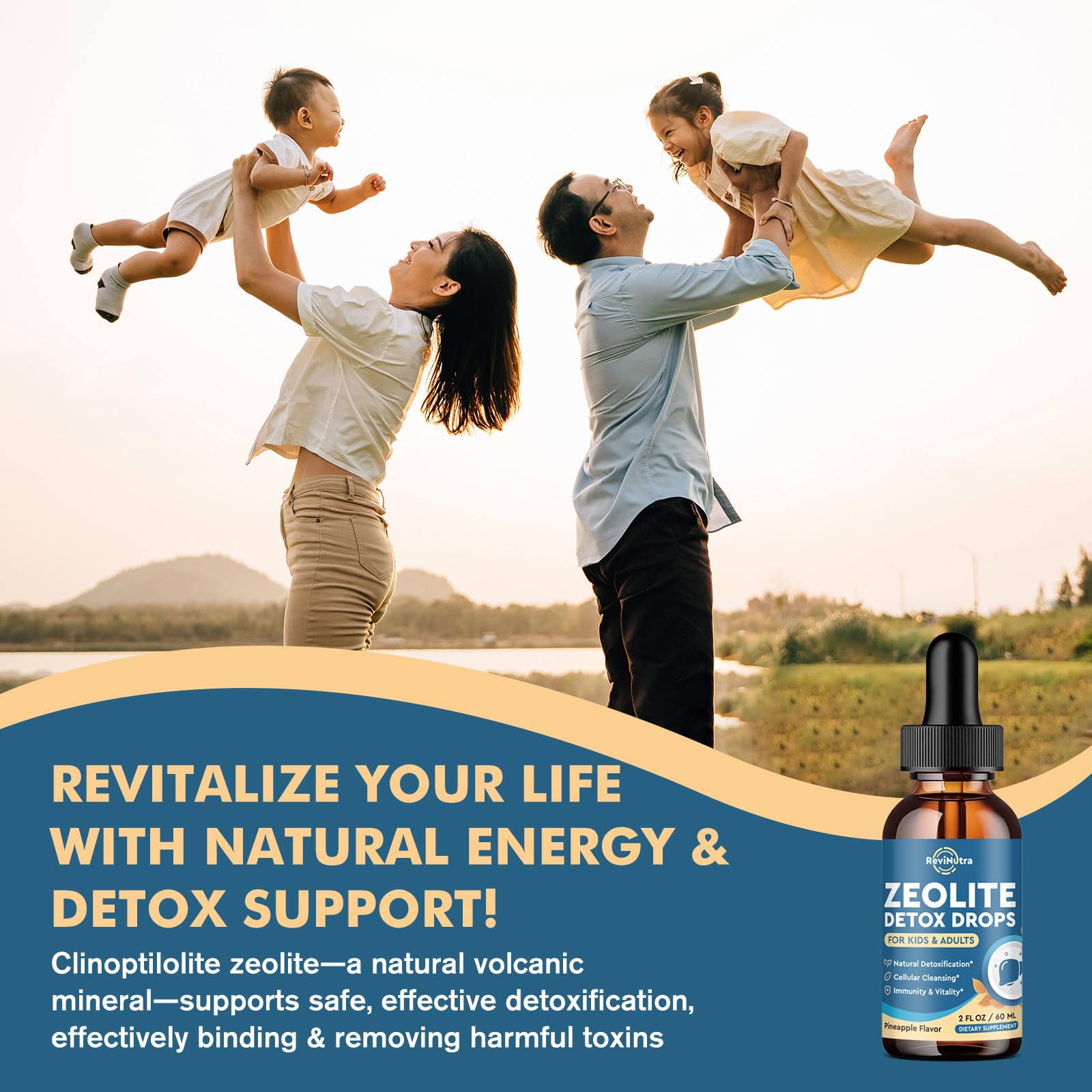 Child-friendly dosing scene with ReviNutra Zeolite Detox for gentle detox
