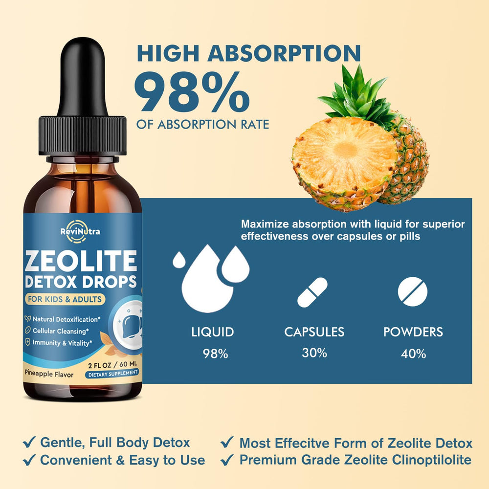 Pineapple flavor splash on ReviNutra Zeolite Detox packaging for a tasty wellness moment