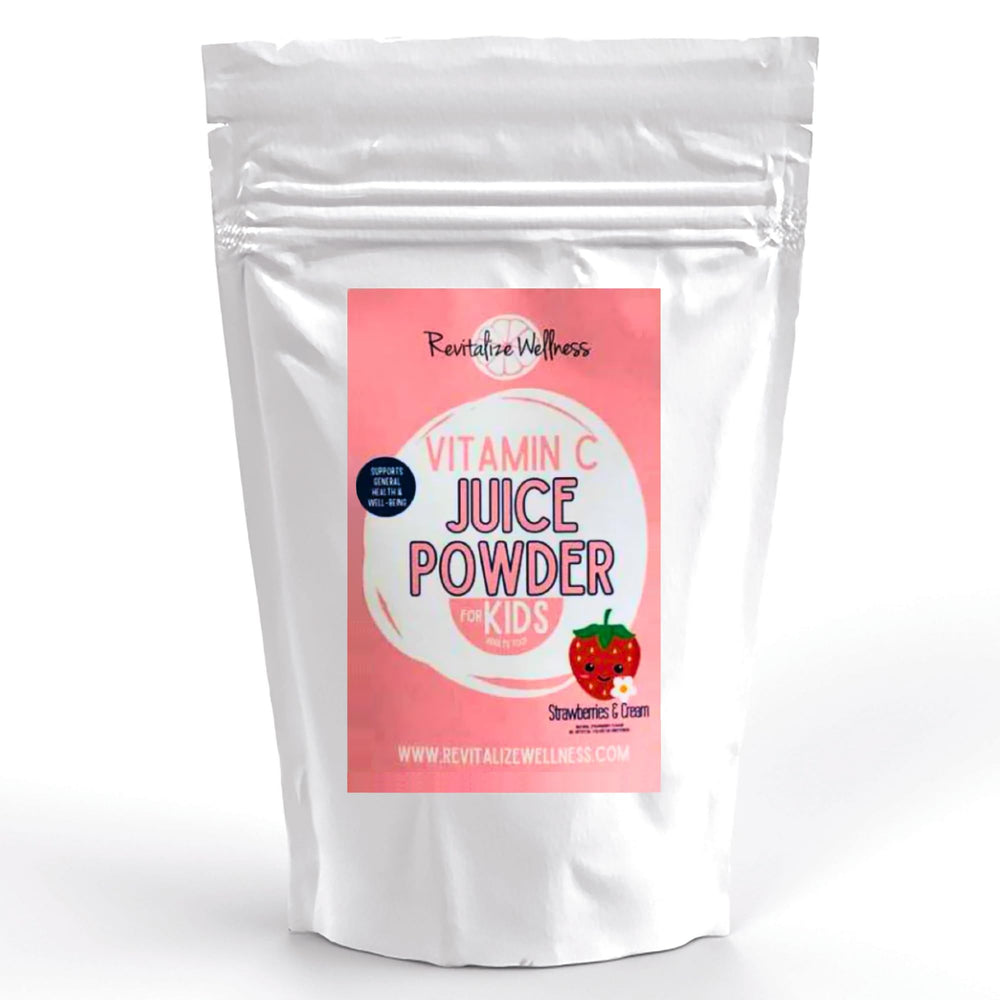Revitalize Wellness Vitamin C powder in strawberries and cream tub highlights flavor and immune support potential