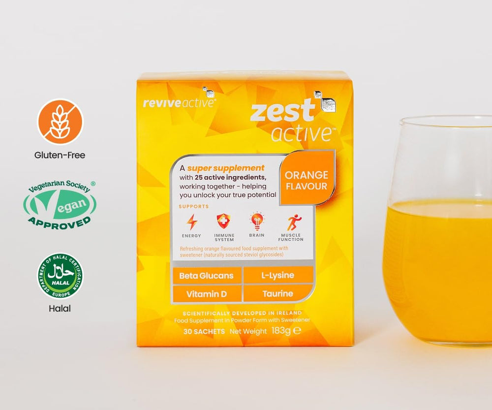 Close-up of Zest Active sachet showing a vibrant daily energy blend.