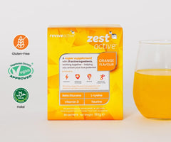 Close-up of Zest Active sachet showing a vibrant daily energy blend.