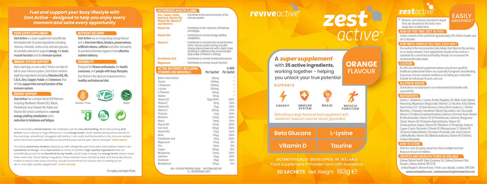 Travel-friendly sachets arrangement for on-the-go Zest Active use.