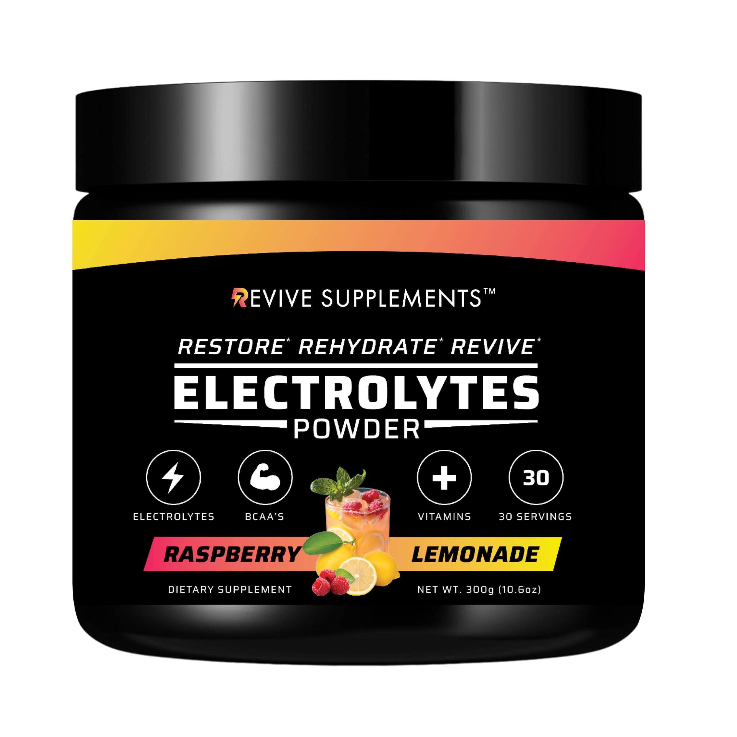 Revive Supplements Advanced Electrolytes Powder bottle front showing zero sugar hydration for athletes
