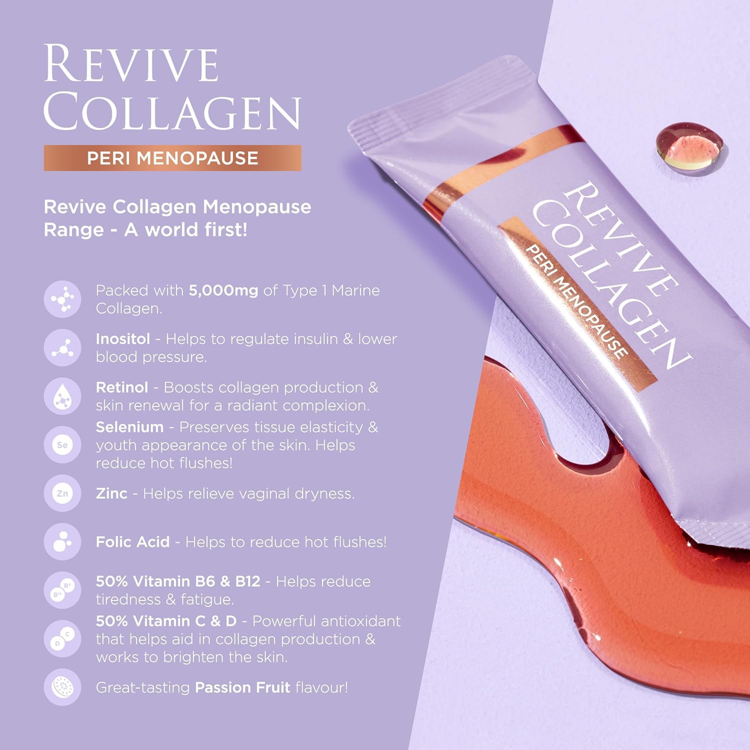 Revive Collagen Menopause Drink packaging close-up highlighting premium quality.