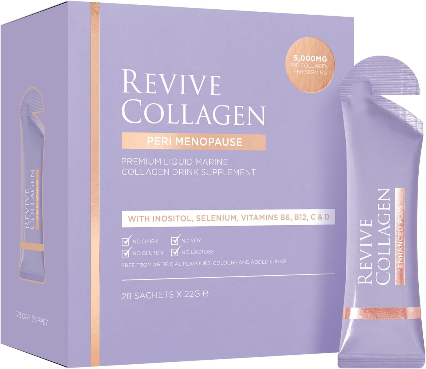 Revive Collagen Perimenopause bottle front supports daily skin health.