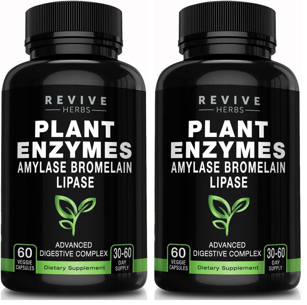 Revive Herbs Advanced Digestive Enzymes bottle pour showing easy-to-take capsules for post-meal comfort.
