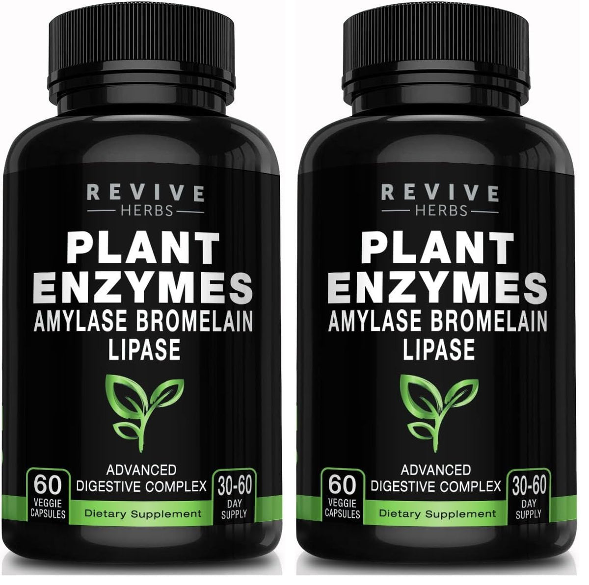 Revive Herbs Advanced Digestive Enzymes bottle pour showing easy-to-take capsules for post-meal comfort.