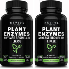 Revive Herbs Advanced Digestive Enzymes bottle pour showing easy-to-take capsules for post-meal comfort.