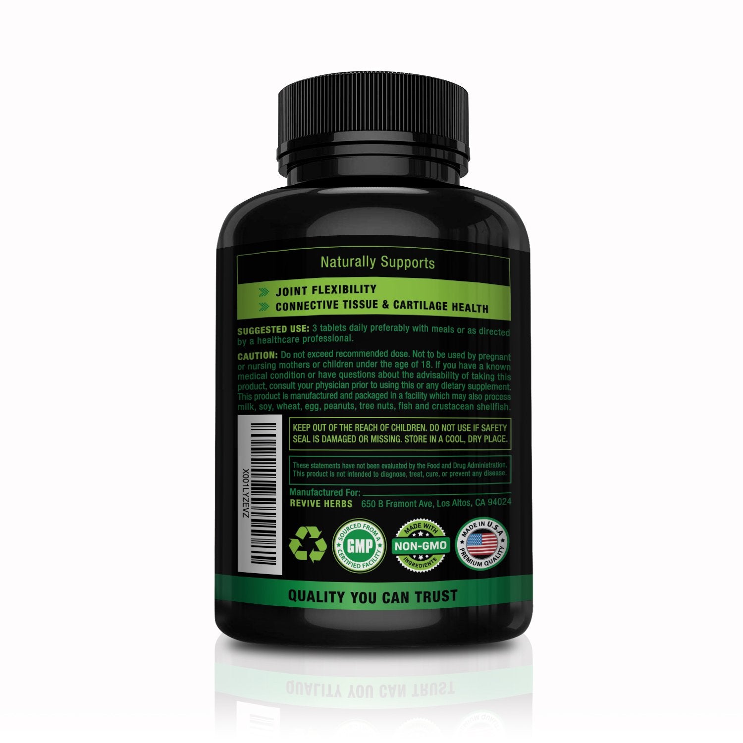 Revive Herbs glucosamine chondroitin msm label close-up communicates quality ingredients